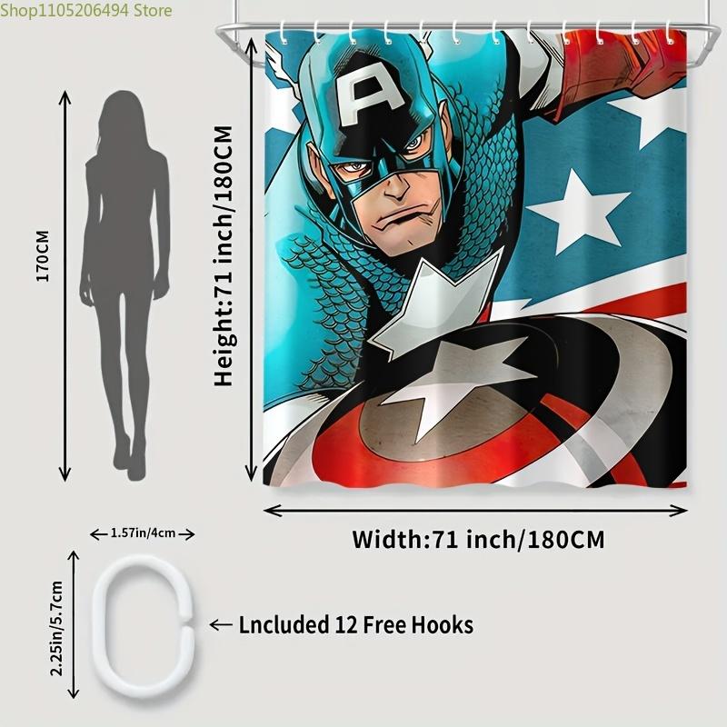 1pc MARVEL Captain America Shower Curtain,,, Machine Washable, with Hooks, Bathtub Partition, for Bathroom Decoration