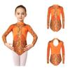 Kids Girls Dance Competition Bodysuit Printed Mesh Long Sleeve Leotard Jumpsuit with Press Button Crotch for Gymnastics Stage