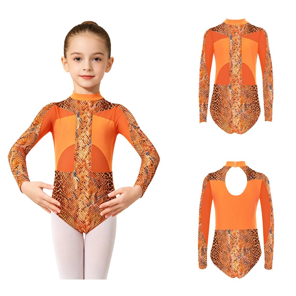 Kids Girls Dance Competition Bodysuit Printed Mesh Long Sleeve Leotard Jumpsuit with Press Button Crotch for Gymnastics Stage