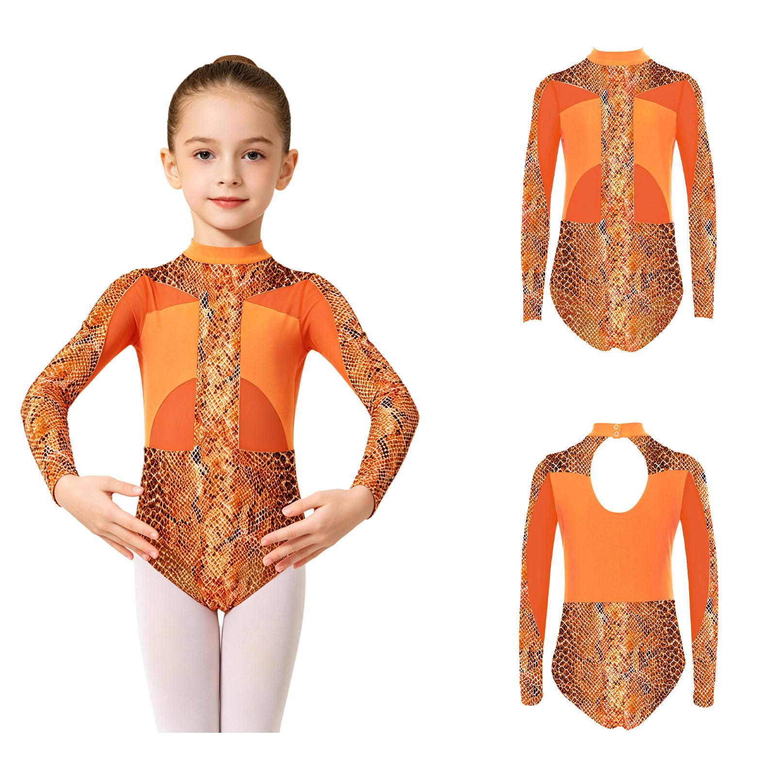 Mädchen Gymnastik Tanzkleidung Bedruckter Jumpsuit Netz Langarm Druckknöpfe Schritt Body für Bühnenauftritt Wettbewerb Training 13-14 Years orange