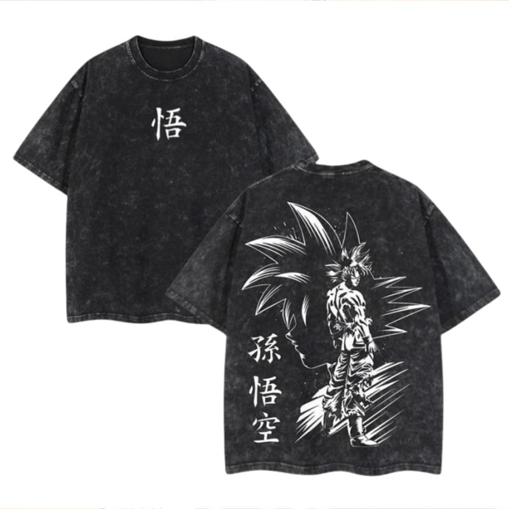 Dragon Ball Men's and Women Washed T-Shirt Son Goku Summer and Spring New Anime Cotton Tee Retro Distressed
