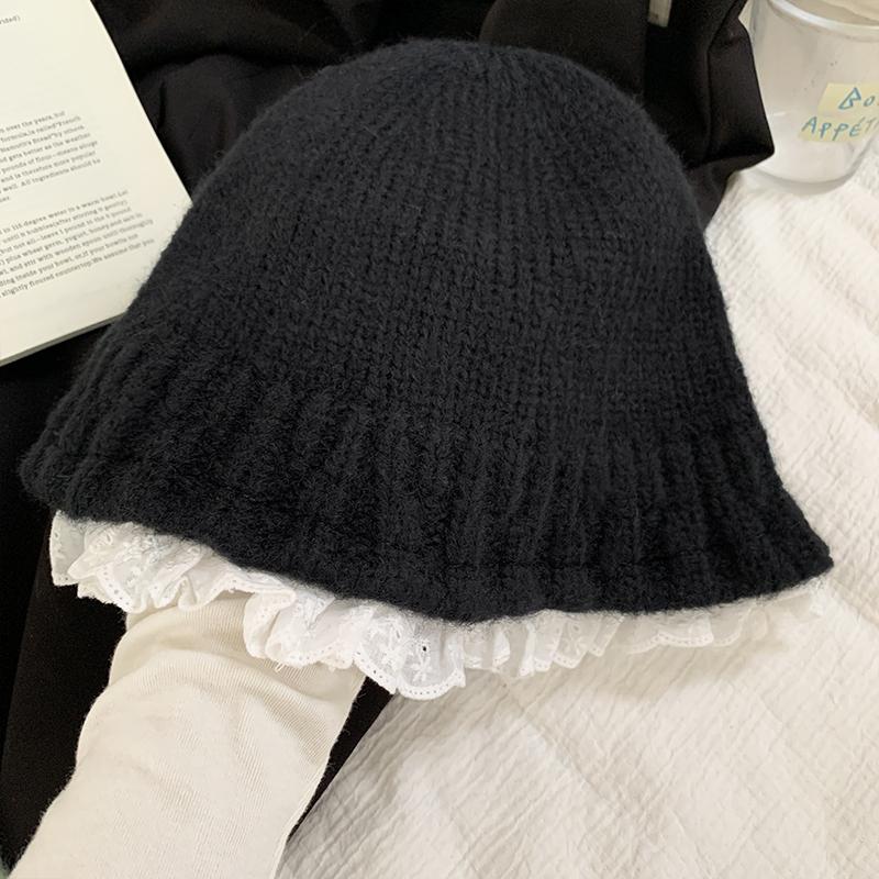 Lace lace bucket hat autumn and winter warm knitted pot hat versatile face small sweet wool hat women