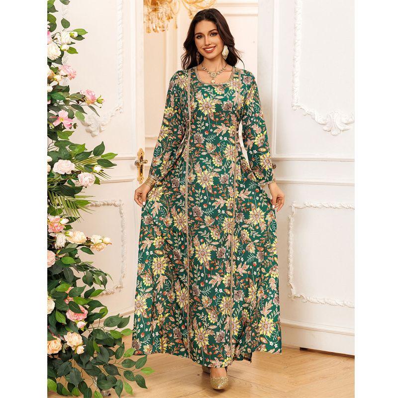 

Middle East Cross-Border Women clothes Fashion Print Robe Dubai Women Diamond Waist Lace-up Waist Hugging Dress Dress Green S