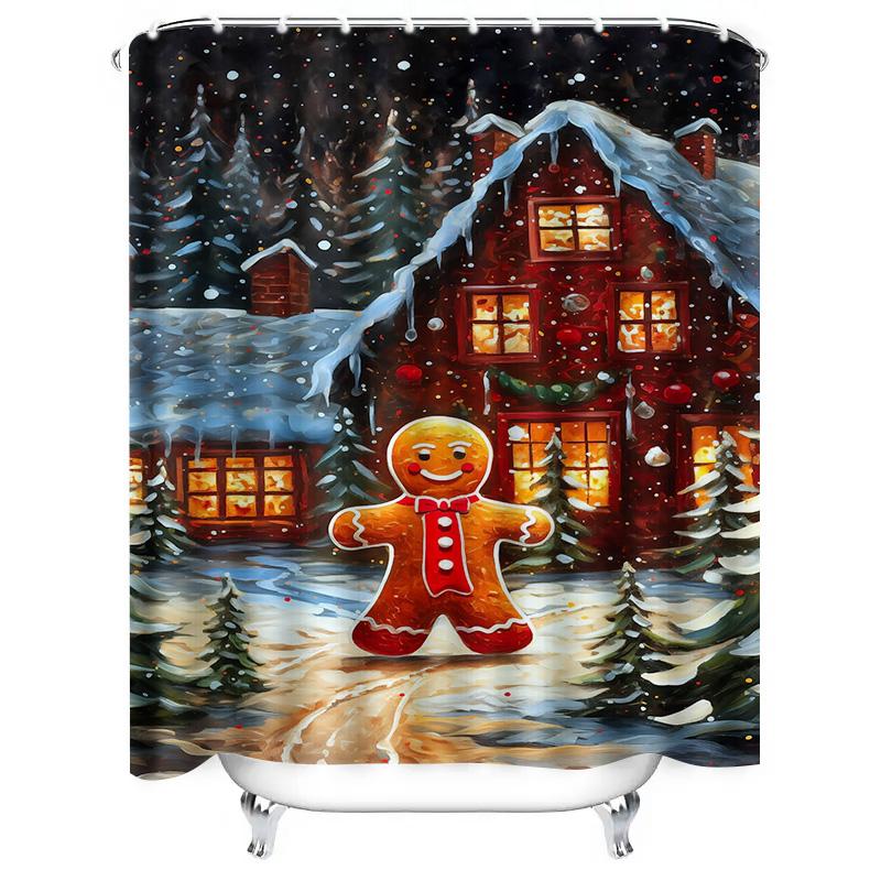 Tuniu Charming Gingerbread House Shower Curtain Festive Holiday Decor Cozy Winter Forest Bathroom Set Cute Christmas Village Bac