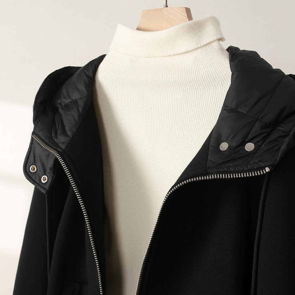 Hooded double zipper down jacket for women in winter 2025, fashionable, loose, versatile, casual, medium to long length with added fleece jacket