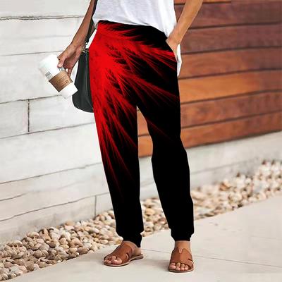 Women Abstract Printing Pants Lace Up Elastic Waist Loose  Trousers Casual Long Pants Trousers with Pockets