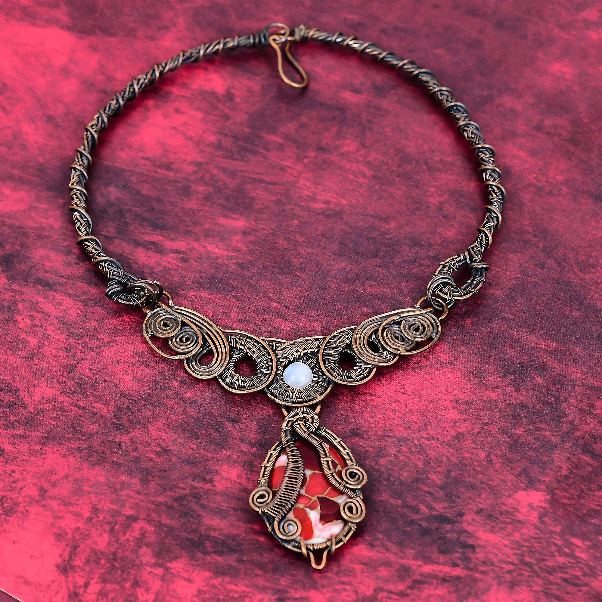 Kingman red mohave copper turquoise necklace copper wire wrapped gemstone necklace rainbow moonstone necklace handmade jewelry wedding gifts