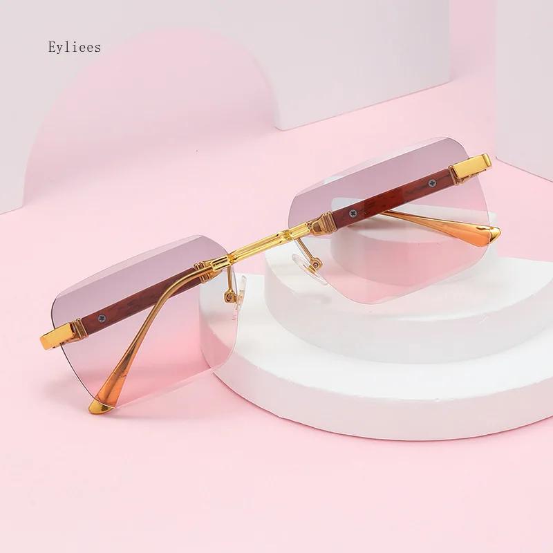 Fashion Rectangle Rimless Sunglasses for Women Square Vintage Luxury Design Retro Wooden Frame Gradient UV400 Sun Glasses