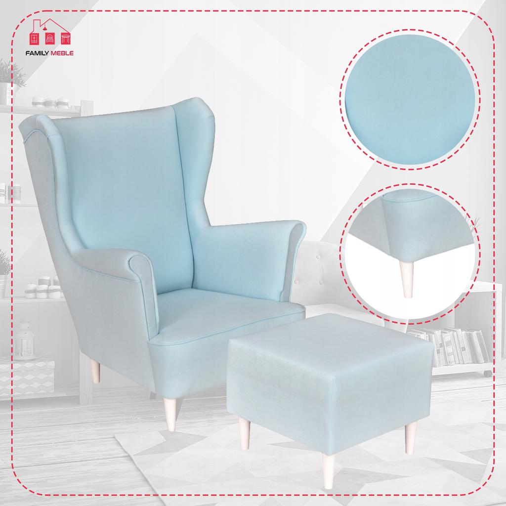 Wing Chair MAX with Footstool Scandinavian Family Furniture Pastel Blue