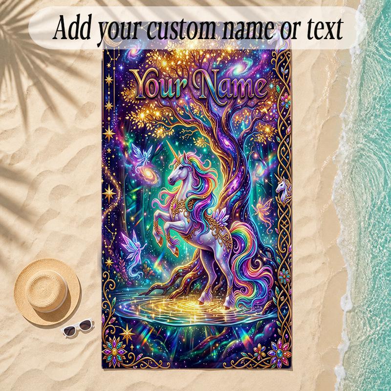 Unicorn Theme Soft Beach Towel Personalized Custom Name Text Towel Portable for Beach Pool Travel