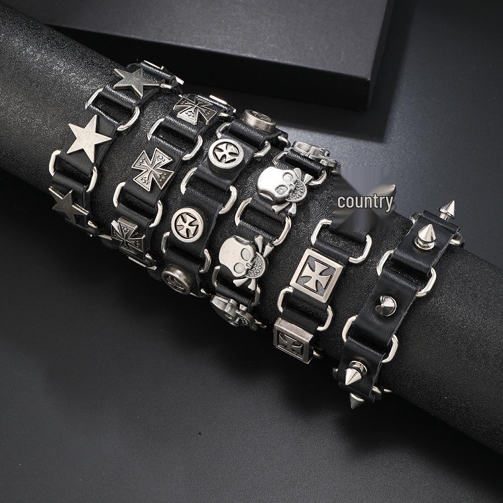 Skull Leather Punk Bracelet: European & American Trend, Cowhide Chain, Bold Hip Hop Style
