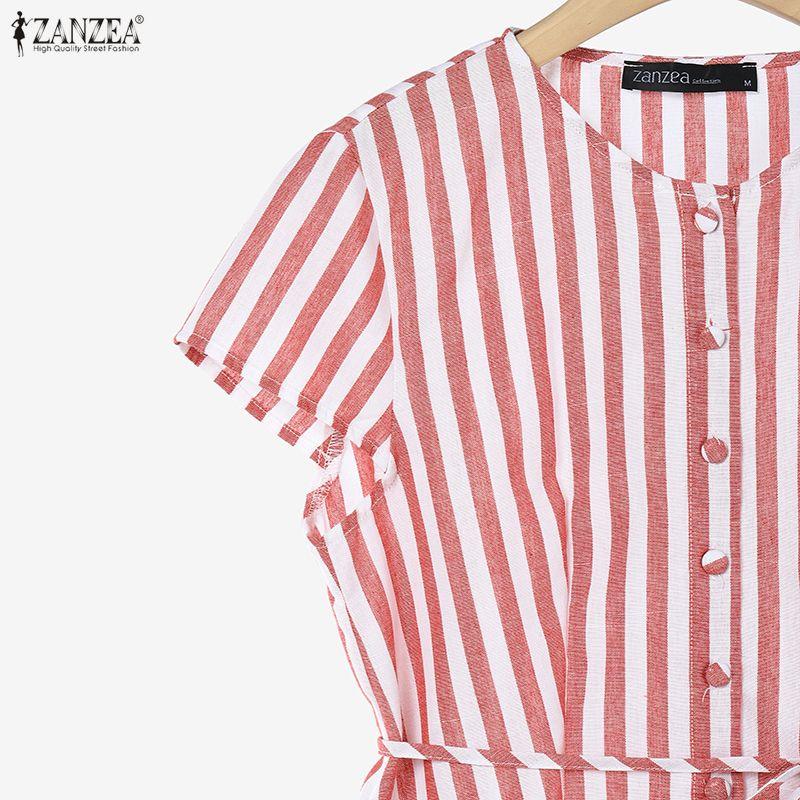 ZANZEA Women Short Sleeve Blouse and Long Skirts Stripe Print Two Piece Suit Sets