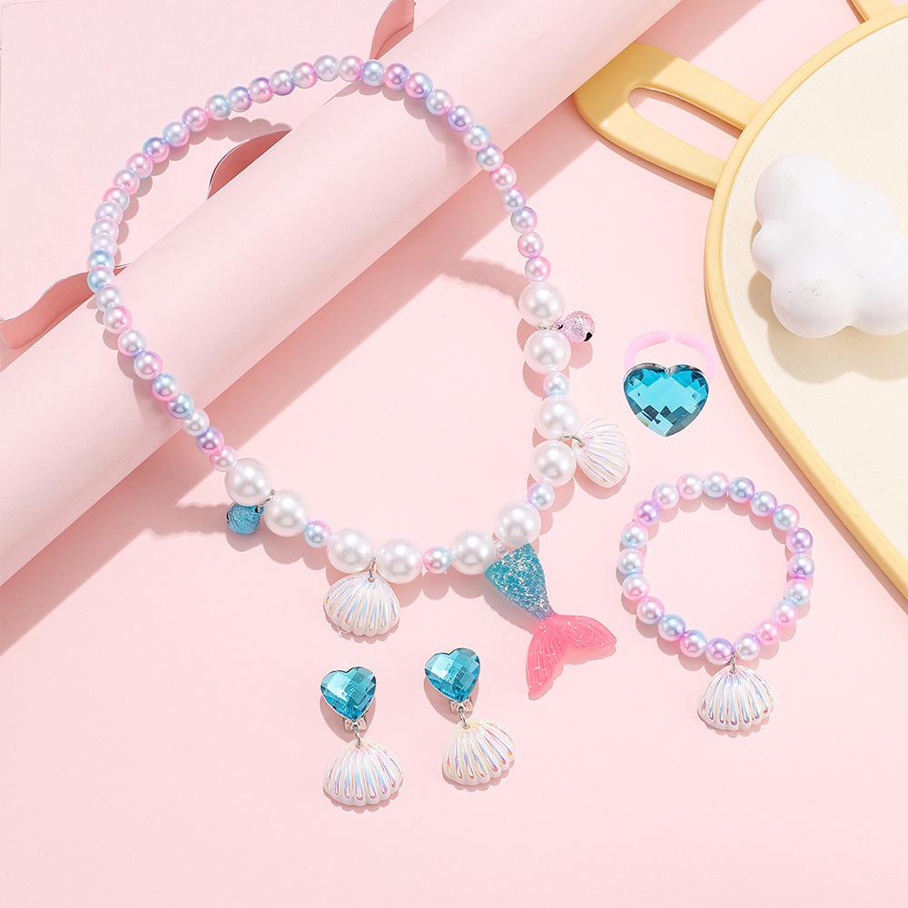 5Pcs Cute Mermaid Tail Necklace Bracelet Set Kids Colorful Acrylic Faux Pearl Beads Jewelry Princess Gift for Kids Girls