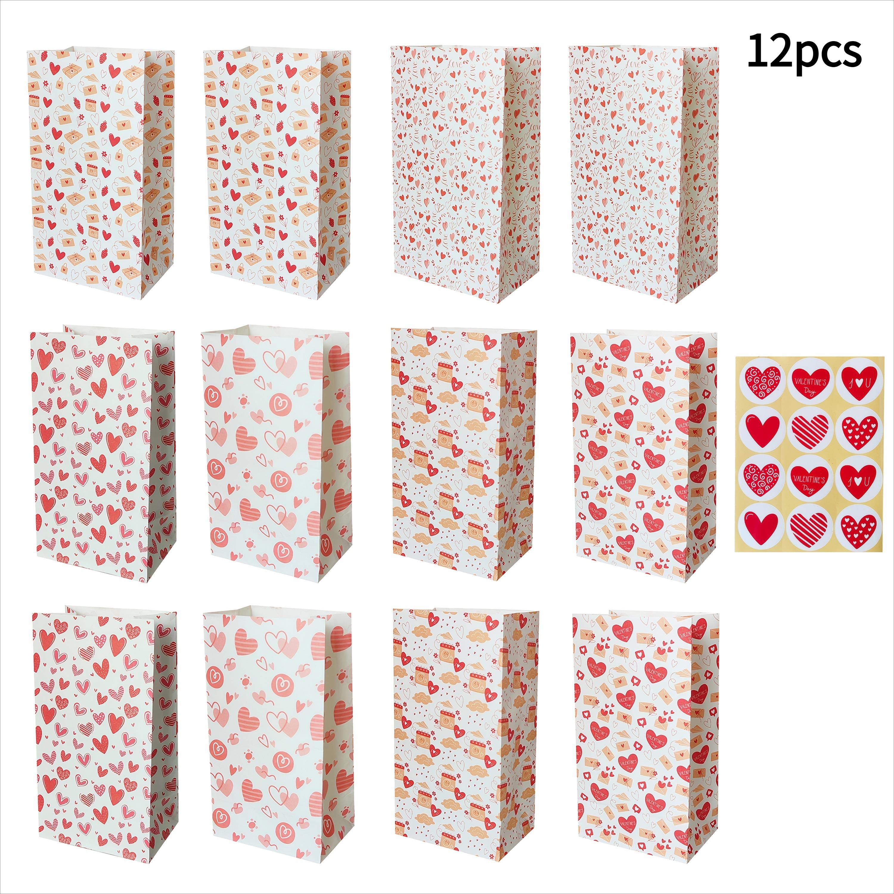 

12pcs Valentine S Day Kraft Paper Gift Bags with Stickers - Heart-Shaped, Red & Design, Perfect for Wedding,Party, Holiday Gifts