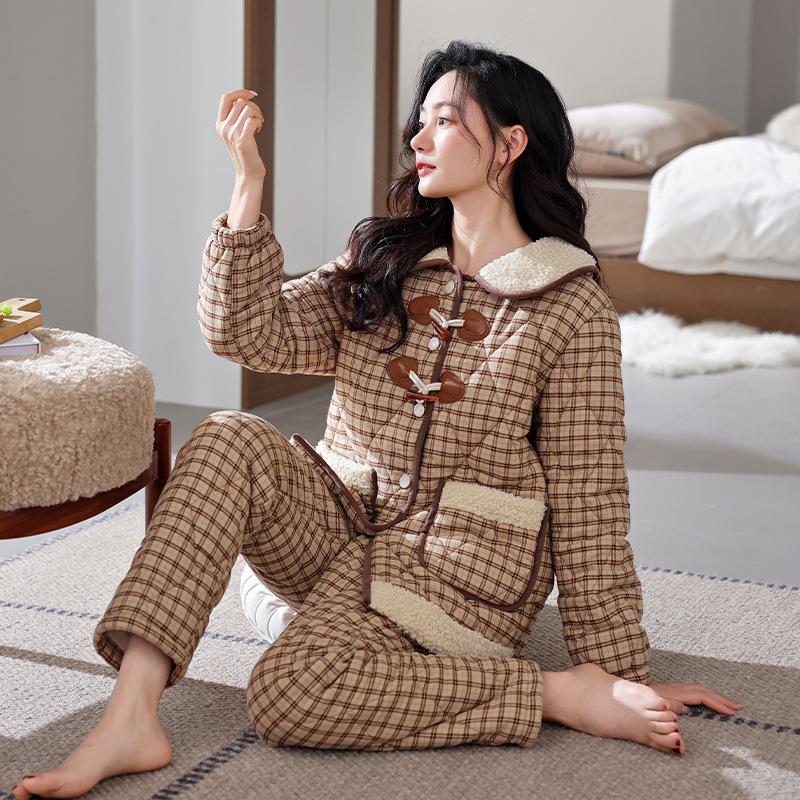 Pajamas Women'S Winter 2024 Three-Layer Thickened Velvet Woven Cotton Jacket Autumn And Winter Warm Loungewear