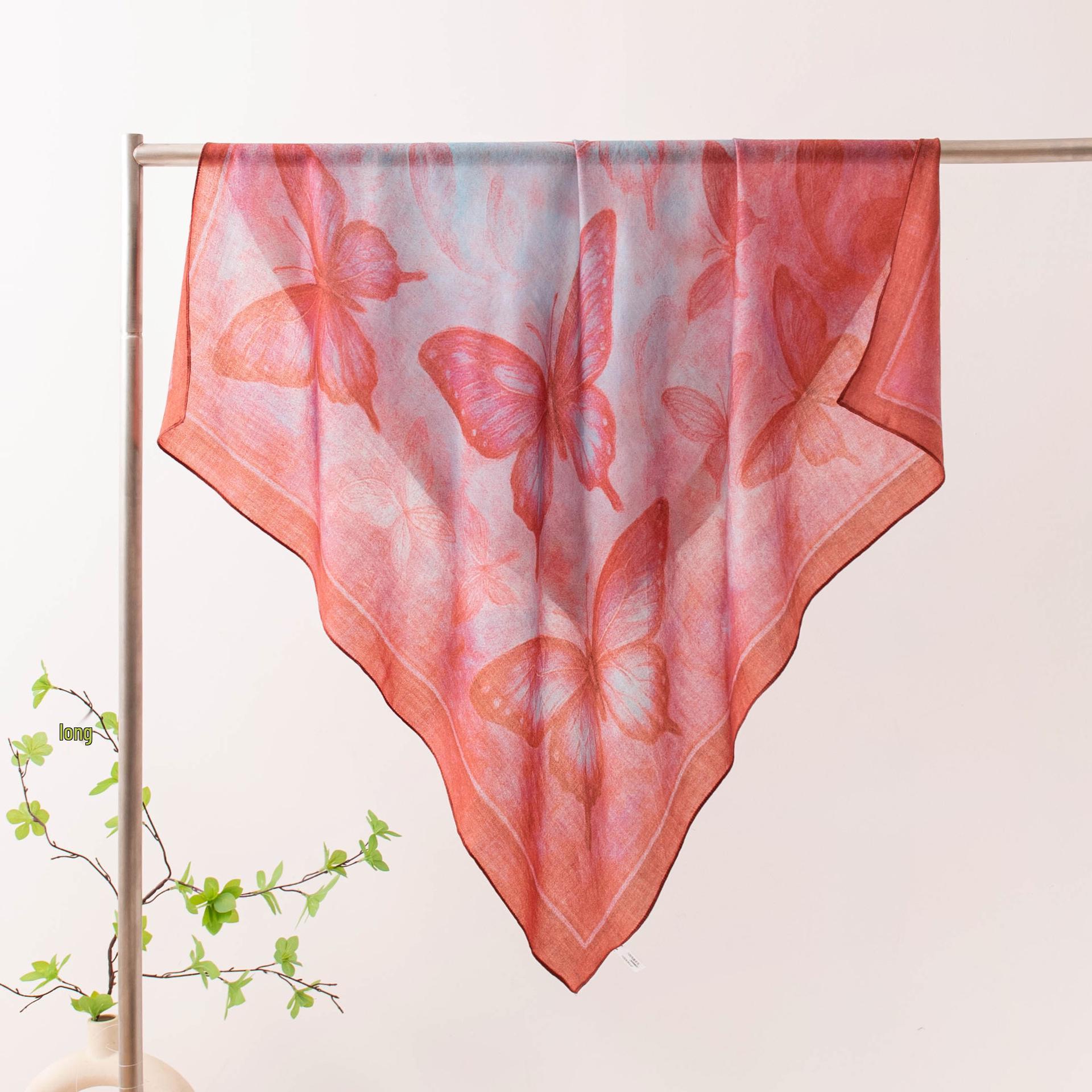 

Butterfly Print Red Scarf: Lightweight, Water-Soluble Wool Shawl for Spring and Summer. Versatile and Soft for Air-Conditioned Rooms. 96x96 cm
