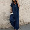 Womens Short Sleeve Button Down Loose Fit Jumpsuit Casual Wide Leg Romper with Pockets for Daily Wear