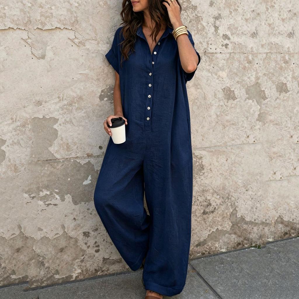 Womens Short Sleeve Button Down Loose Fit Jumpsuit Casual Wide Leg Romper with Pockets for Daily Wear