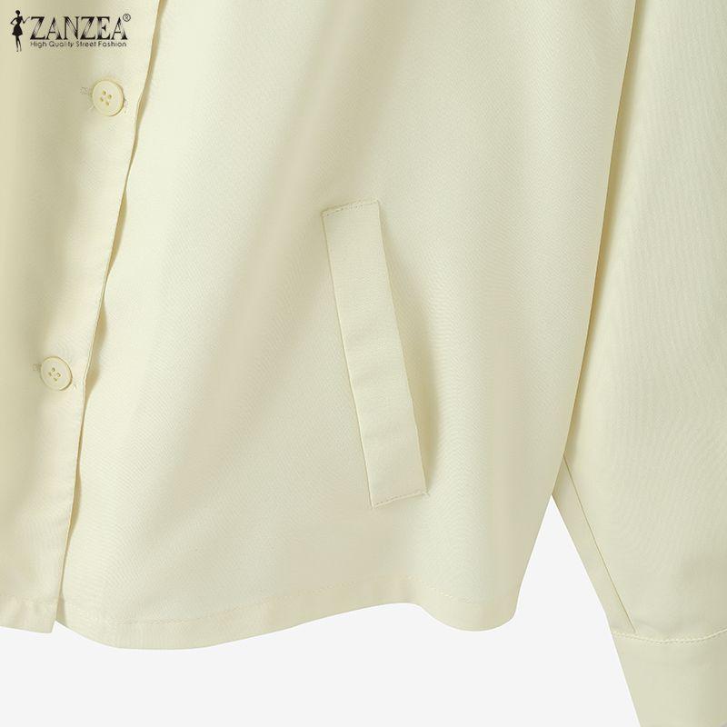 ZANZEA Bluză de damă cu gât rotund, culoare solidă, largă, cu mânecă lungă