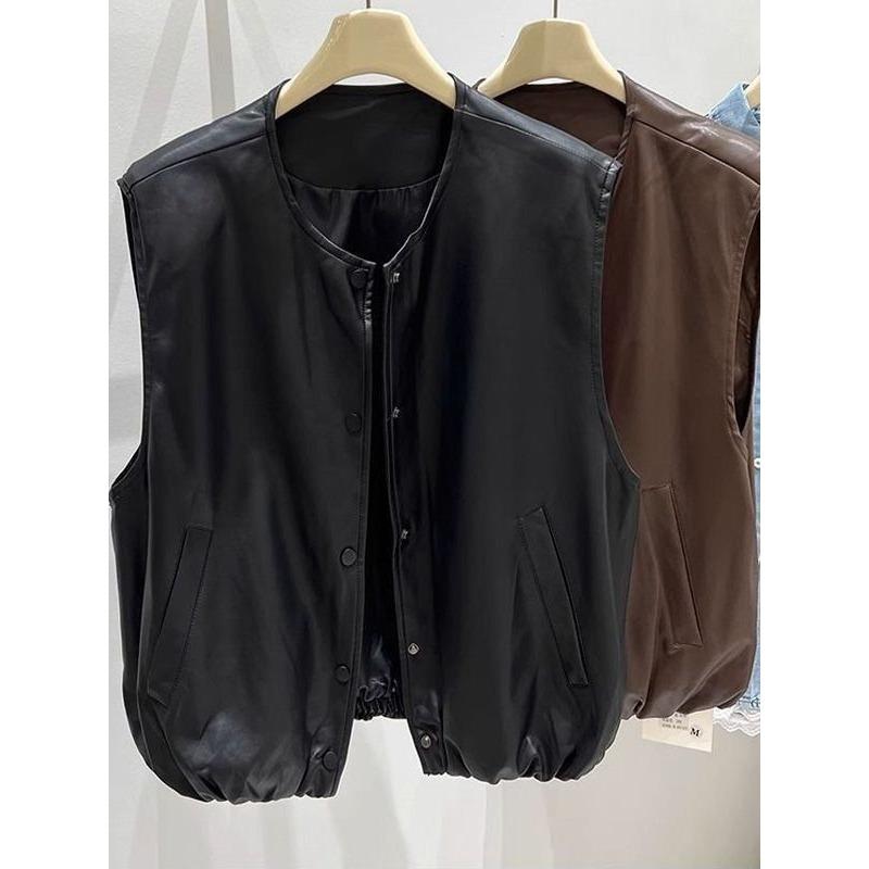 

Women s Fall Winter Casual Brown Faux Leather Button Down Vest M чорний