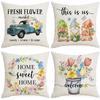 Spring Flowers Linen Pillow Case Blue Truck Digital Print Cushion
