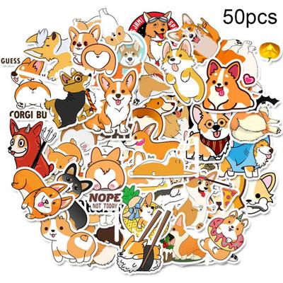 50Pcs Cartoon Waterproof Sticker Corgi Dog Adhesive Decals Suitcase Fridge Decor