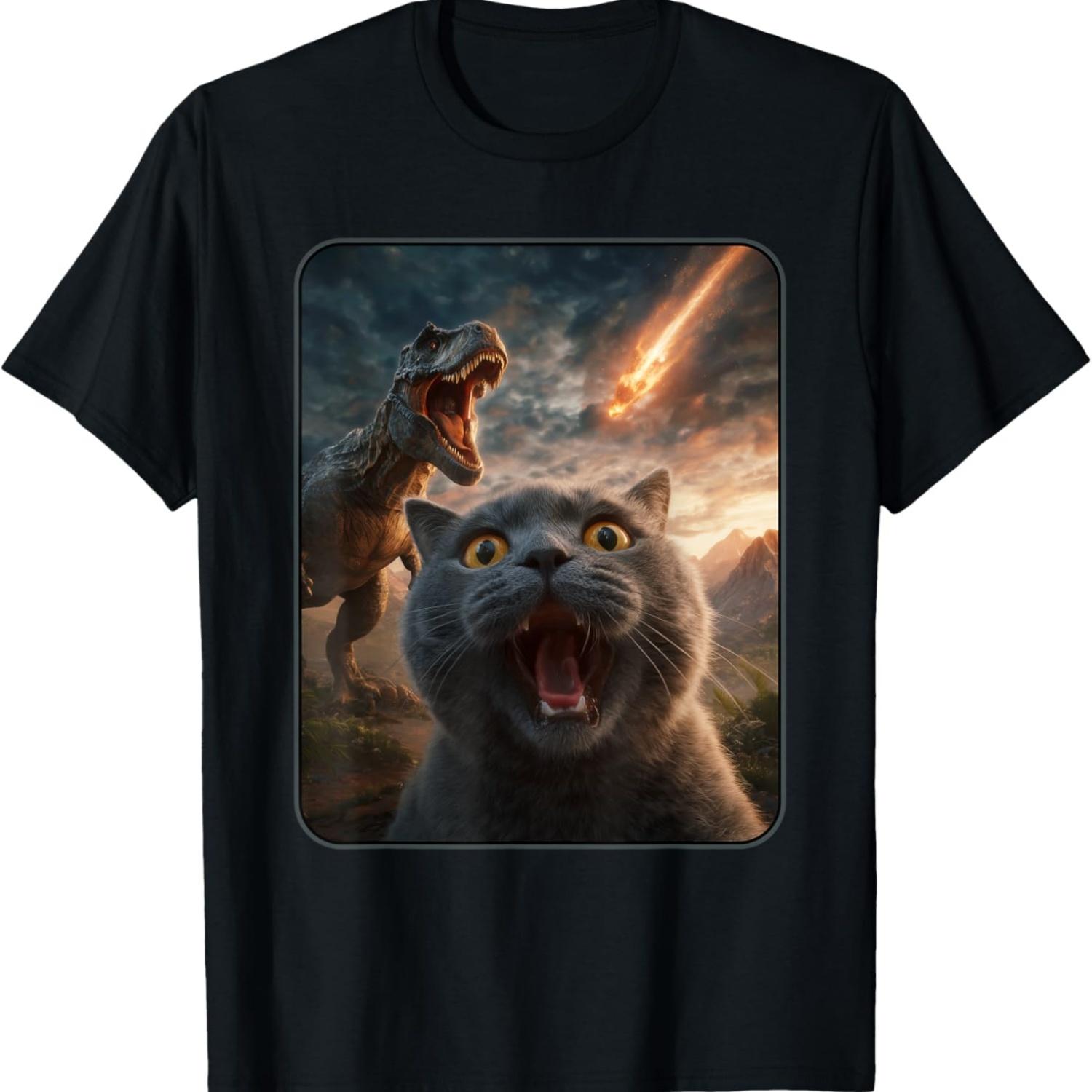 Cat Selfie with T-Rex Dinosaur Funny Cat T Rex Shirt Meme T-Shirt S