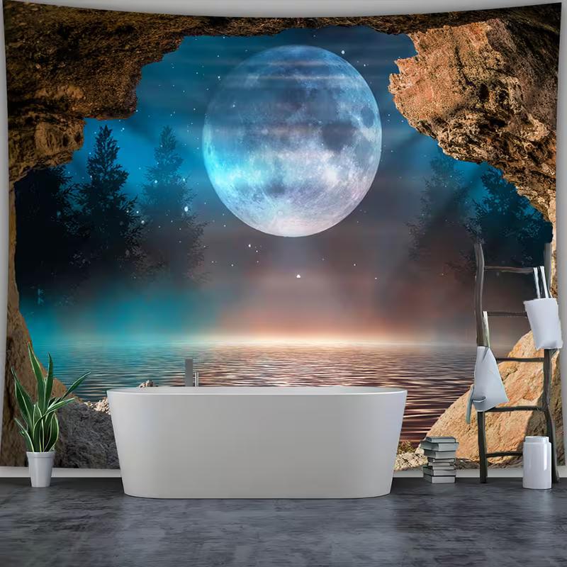 2D Moonlight Cave Lake Tapestry Full Blue Moon Nature Wall Art