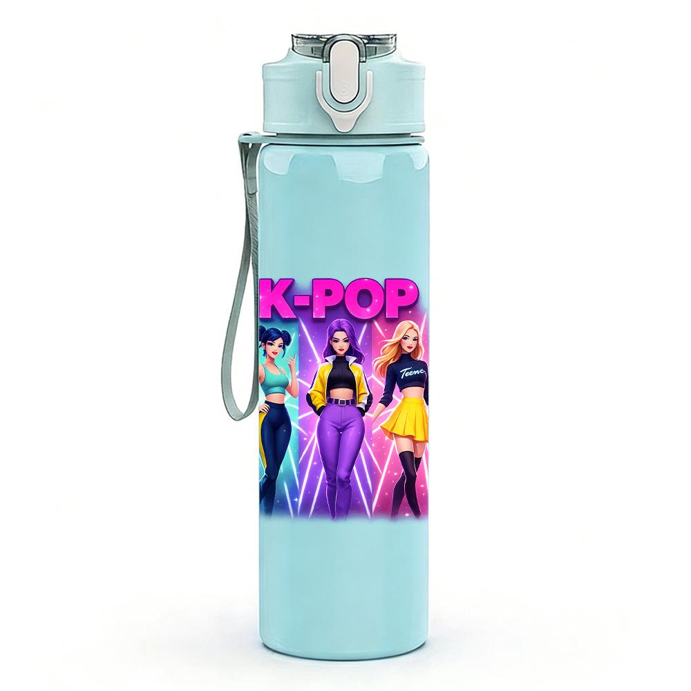 1 Stück Sanfte Pastell Kpop Girl Group Bust 750ml Farbe Kunststoff Wasserflasche Auslaufsicher Klappdeckel mit Strohhalm Für Sport Büro Zuhause