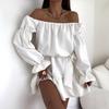 New, autumn fashion casual solid color one-word shoulder waist dress women's clothing