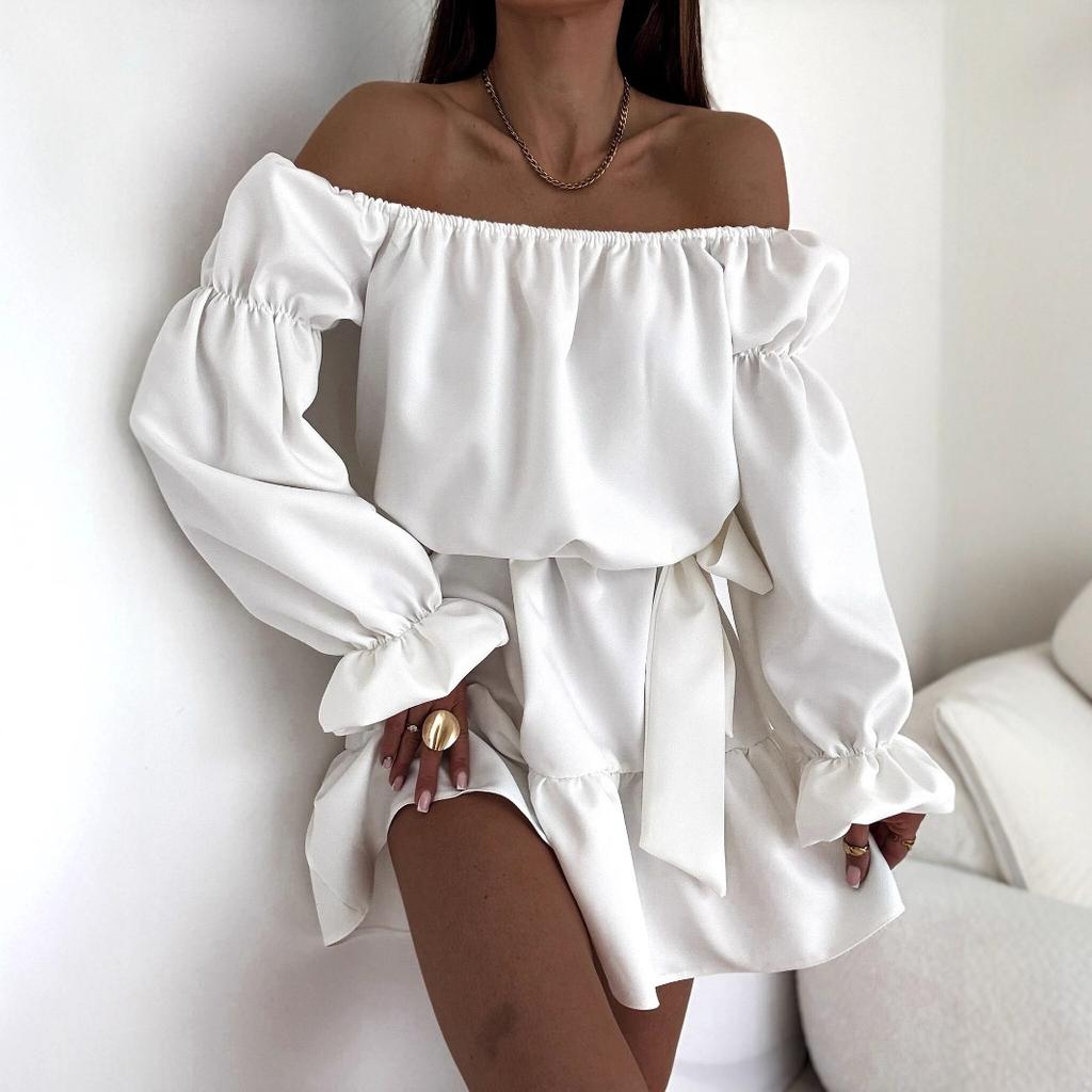 New, autumn fashion casual solid color one-word shoulder waist dress women's clothing