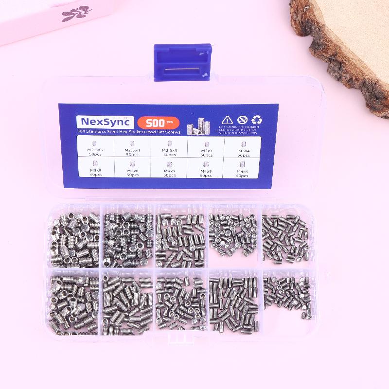 500pcs M2.5 M3 M4 DIN913 304 Stainless Steel Black Hex Hexagon Socket Allen Flat Point Grub Bolt Set Screw Kit Box