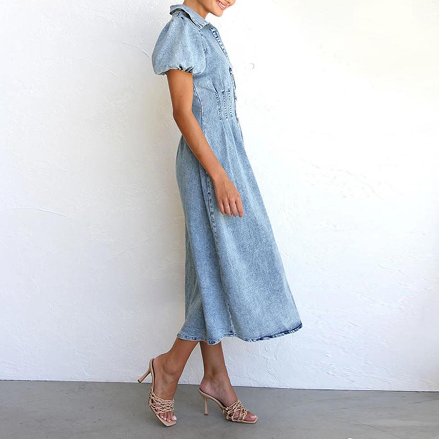 Spring/Summer Bubble Sleeve Short-Sleeve Distressed Casual Shirt Denim Long Dress