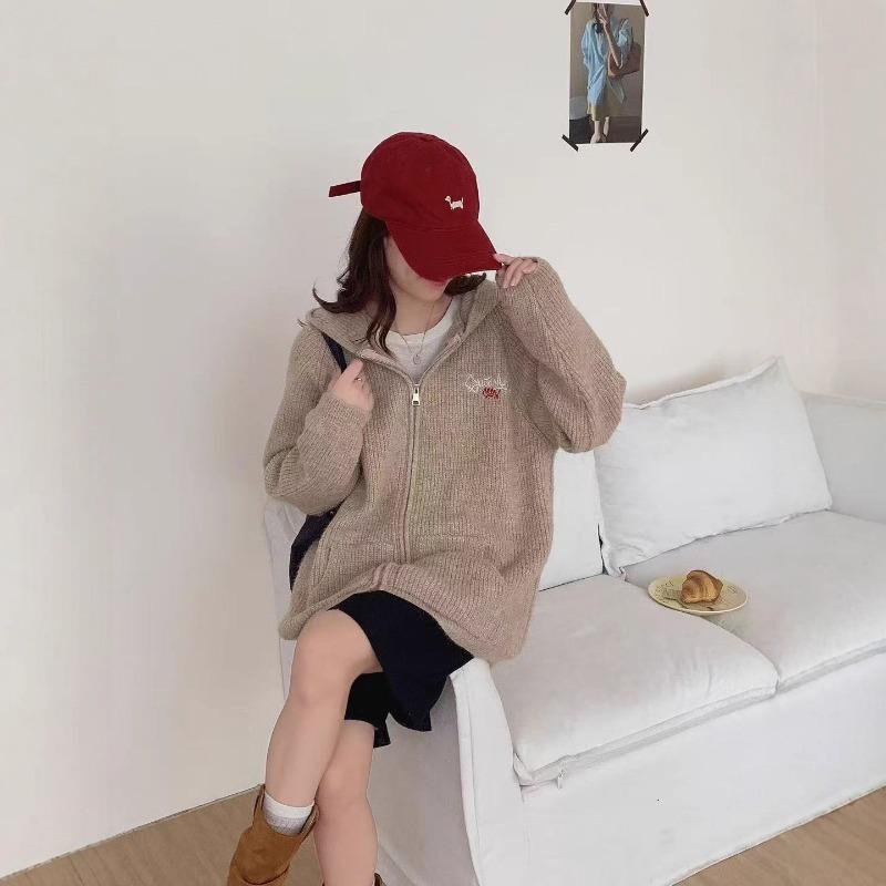 Vintage Zipper Hooded Embroidered Knitted Cardigan Autumn and Winter New Loose Casual Lazy Wind Sweater Jacket Women