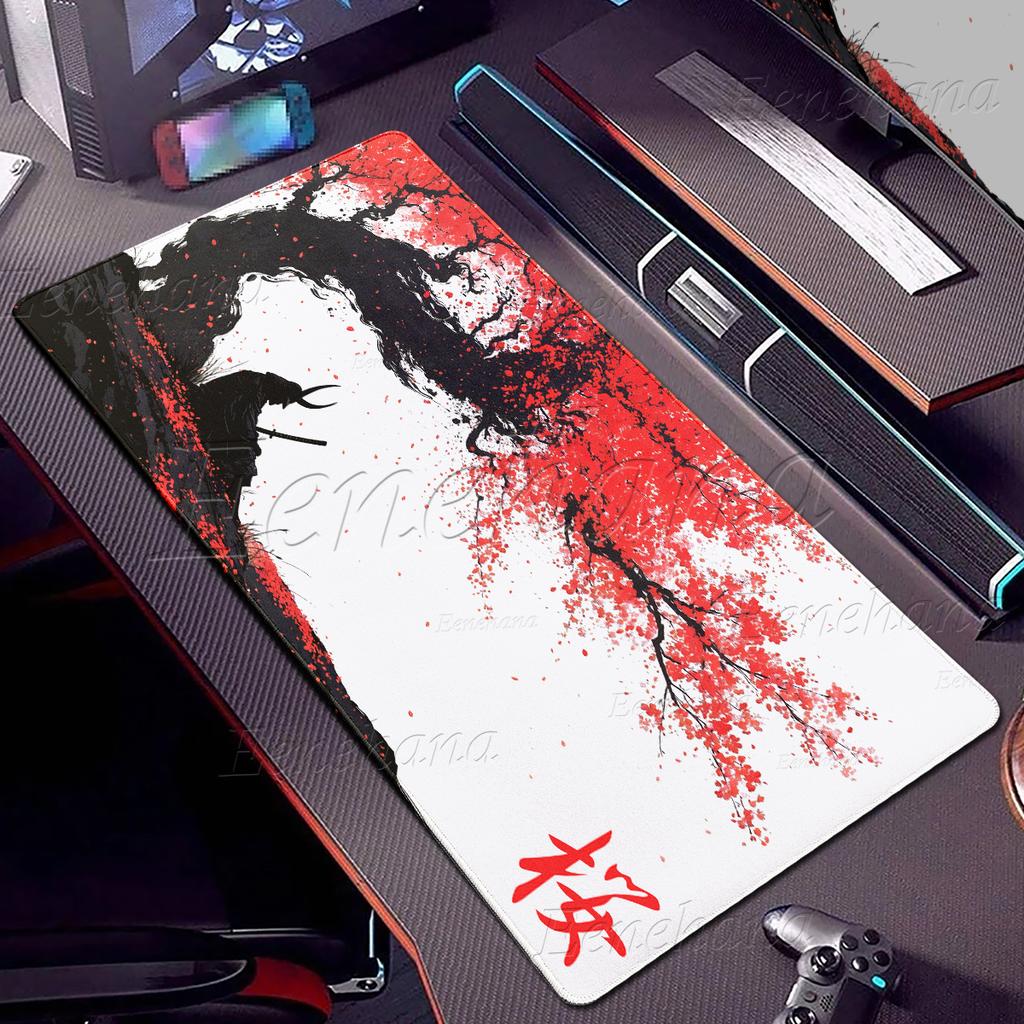 Samurai Anime Mauspads Sakura Landschaft Schreibtischunterlage Schwarz Weiß Gamer Tastatur Großes Mauspads PC Zubehör Gaming Laptop Teppich