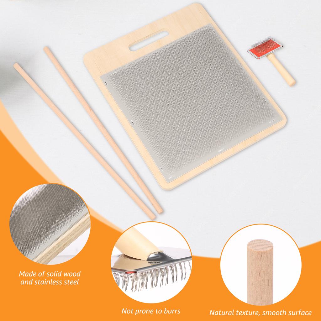 Wool Blending Board Carding Brush Set with 2 Wood Sticks Fiber Carding Board Wool Hand Carder for Mix Color Fiber Felt DIY