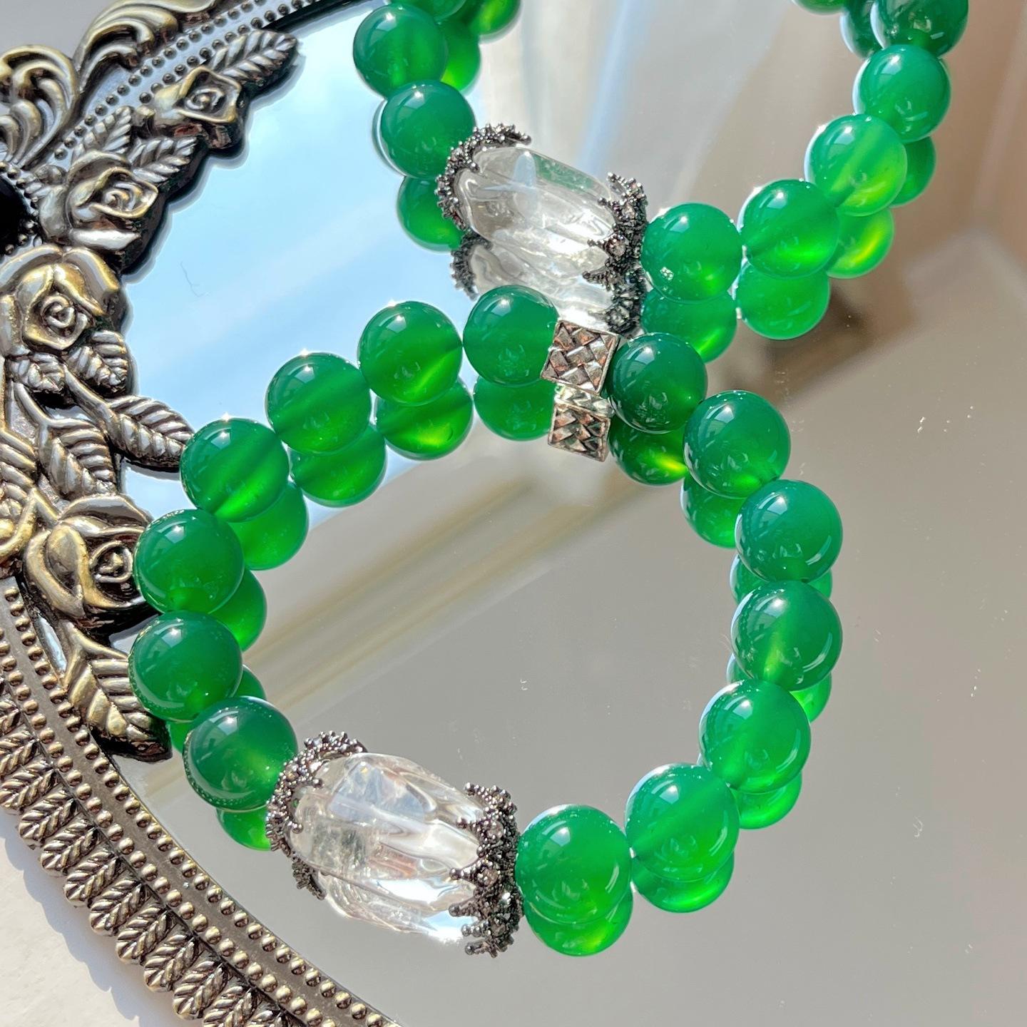 12Mm Emperor Green Vitreous Body Natural Green Chalcedony White Crystal Design Bracelet Bracelet
