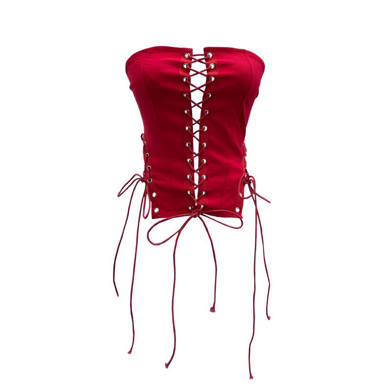 Cross-Border Hollow Lace-Up Bandeau Tank Top with Anti-Slip Strips and Waist Tie 8137