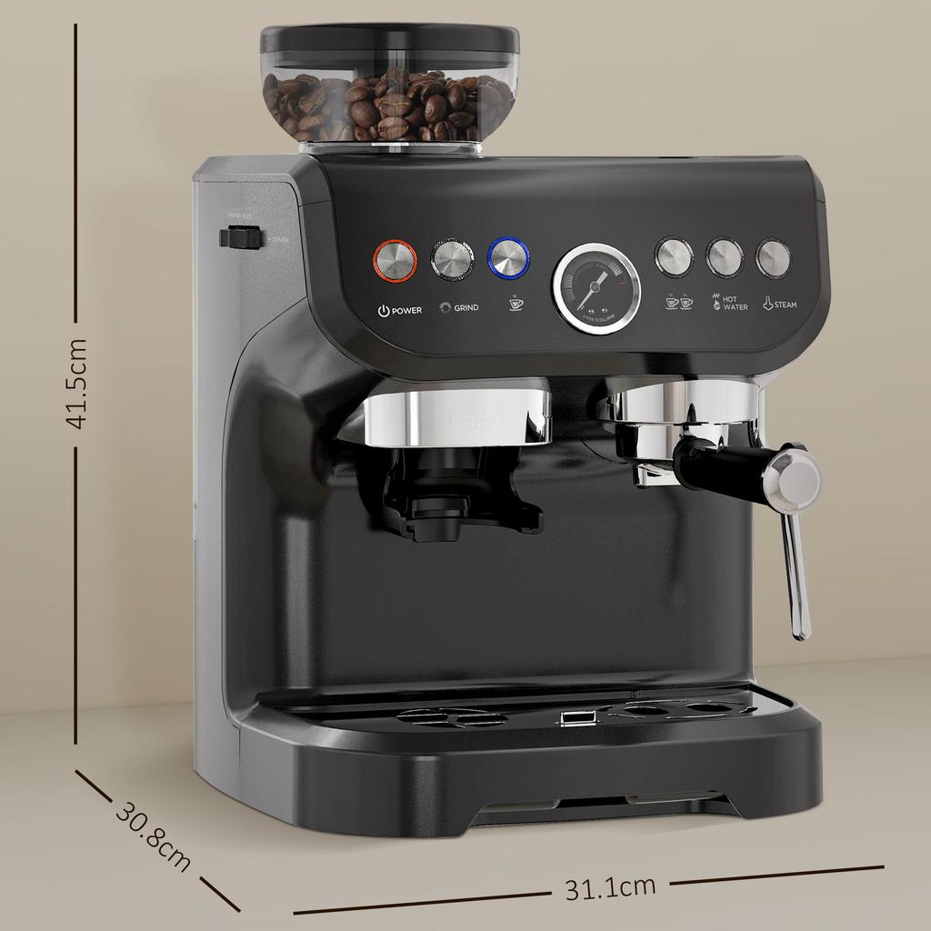 15 Bar Coffee Machine, with Adjustable Grind, Steamer and Accessories - Black