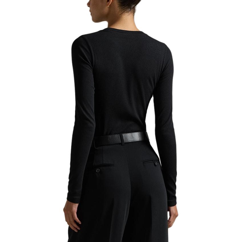 Polo Ralph Lauren FW24 Einfarbig Gerippte Textur Rundhals Slim Fit Langarm T-Shirt Damen Oberteile Schwarz WMPOKNINC020182-001