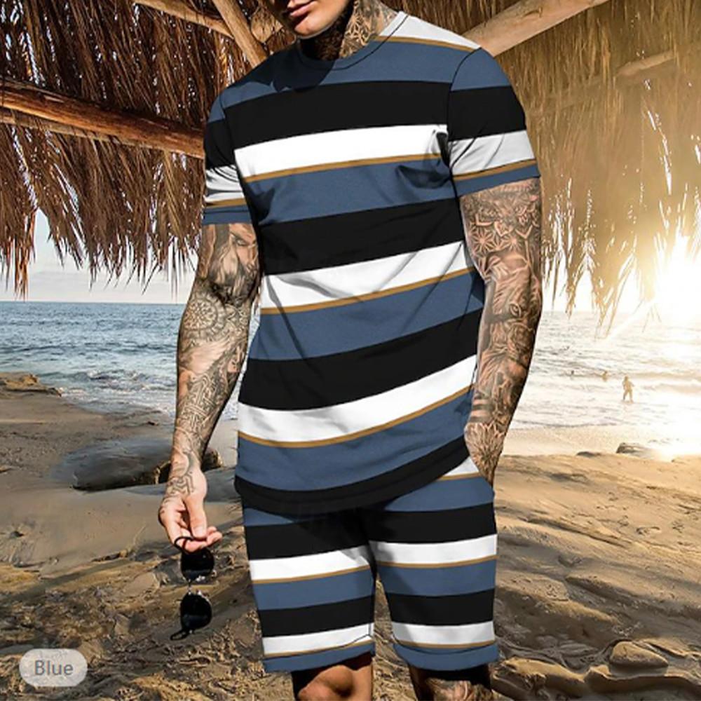 Summer Fashion Stripe 3D Print T-Shirts Shorts Sets Men Tracksuits Oversized Short Sleeve T Shirt Pants Set Clothing