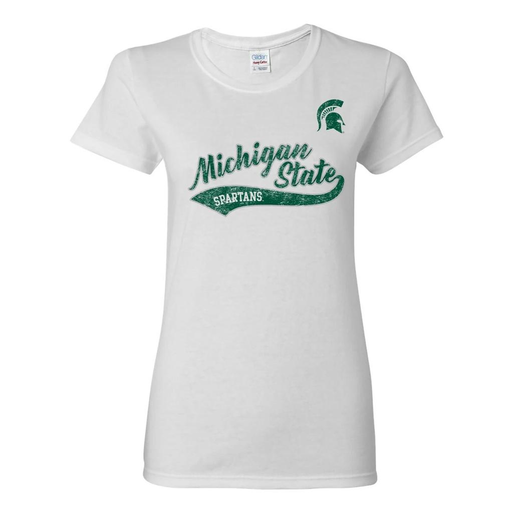Michigan State University Spartans Tail Script Womens T Shirt - White