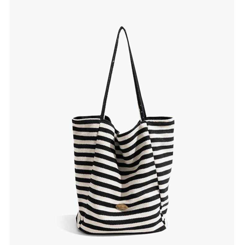 Striped Canvas Bag Women'S Tide Summer Korean Niche Tote Bag Casual Large-Capacity Shopping Bag Bag