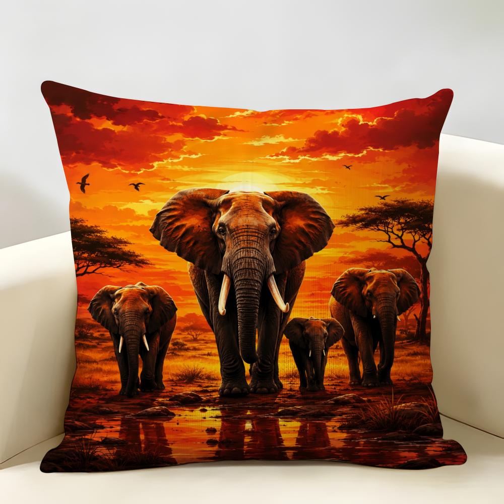 African Elephant Cushion Cover Durable Hypoallergenic Organic Linen Pillow Cover Short Size Washable SkinFriendly