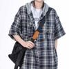 Hooded Short-sleeved Shirt Women's Design Sense Niche Summer Loose Plaid Shirt Trendy Commute Outside Vintage Loose Women Casual Top