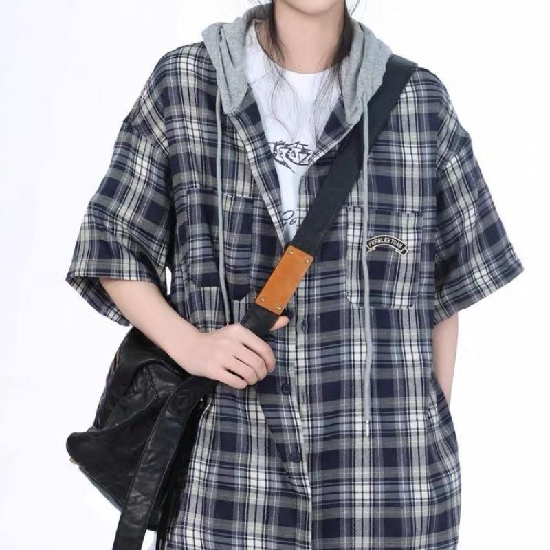 Hooded Short-sleeved Shirt Women's Design Sense Niche Summer Loose Plaid Shirt Trendy Commute Outside Vintage Loose Women Casual Top