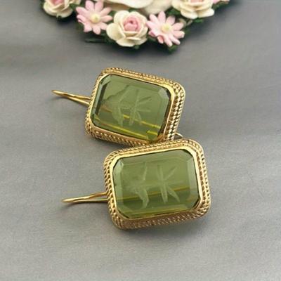 Vintage Gold Color Square Inlaid with Olive Green Stones Carving Flower Pattern Dangle Earrings for Women Jewelry