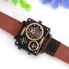 Men's Square Watch Three Time Zones Waterproof Leather Strap Casual Business Brown Fashion Accessory