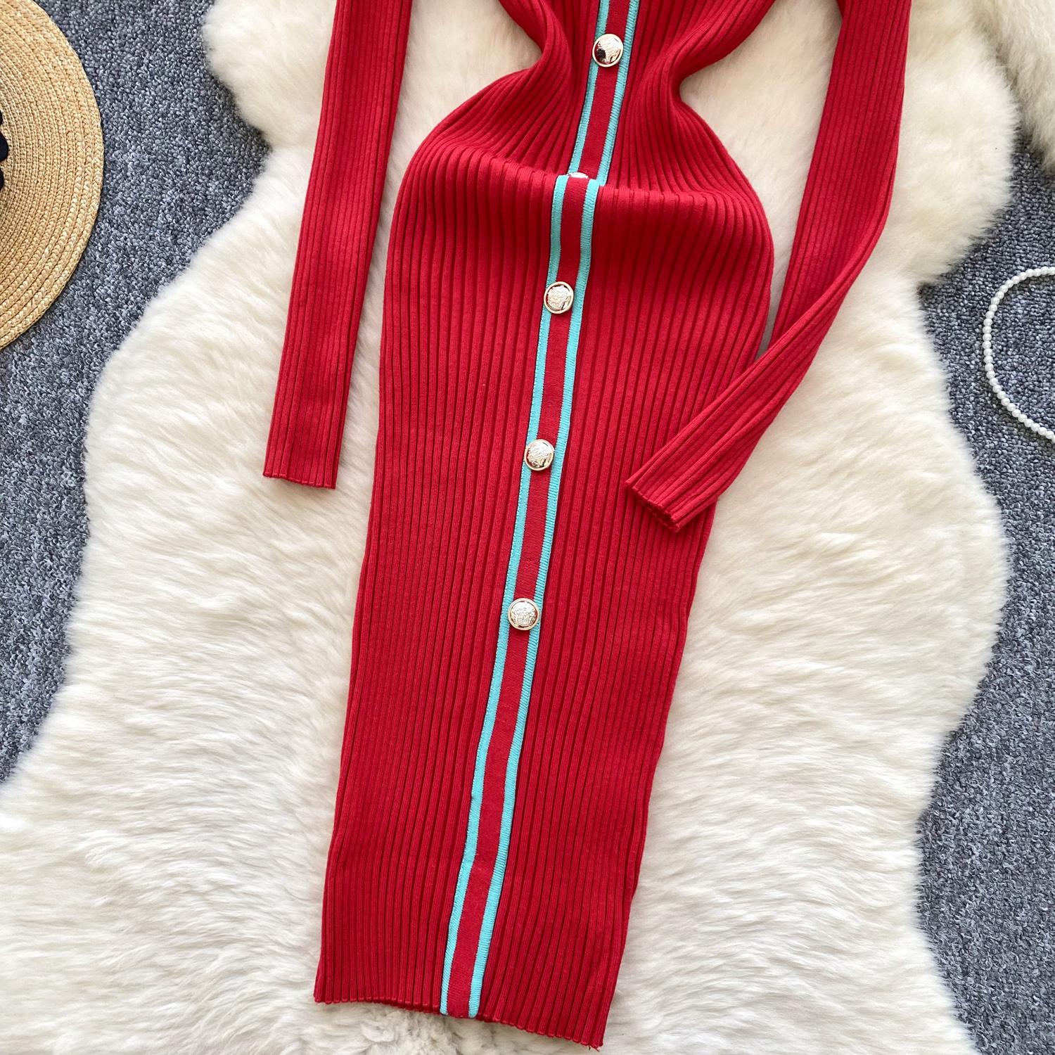 Осень-зима женские трикотажные платья 2024 винтажное лоскутное полосатое длинное — фото 8