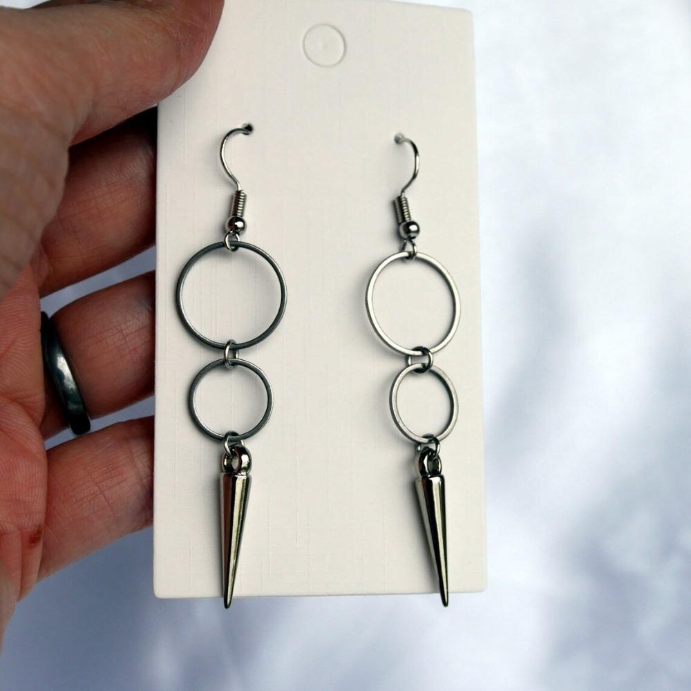 Gothic-punk Silver Color Double Ring-shaped Pointed Rivet Long Dangle Earrings for Men Women Unisex Hip-hop Rock Jewelry Gifts
